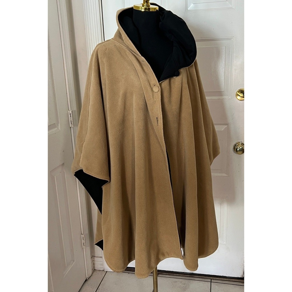 Acorn Reversible Hooded Cape Fleece Tan Black Button Wrap Poncho One Size